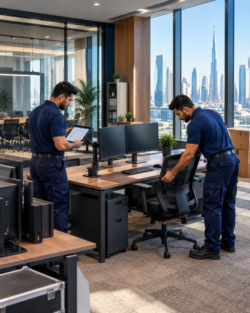 Office movers coordinating desks, workstations and business equipment during an office relocation in Dubai