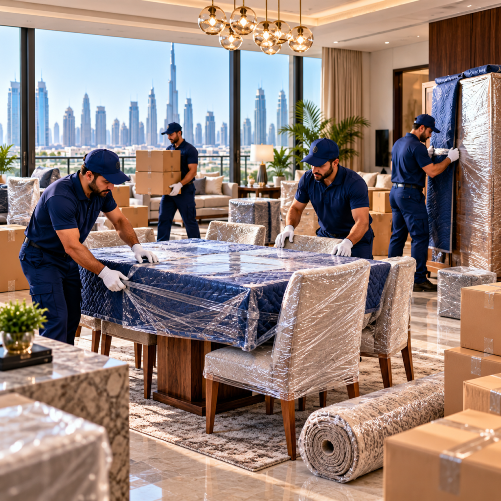 Professional movers handling furniture carefully in Dubai