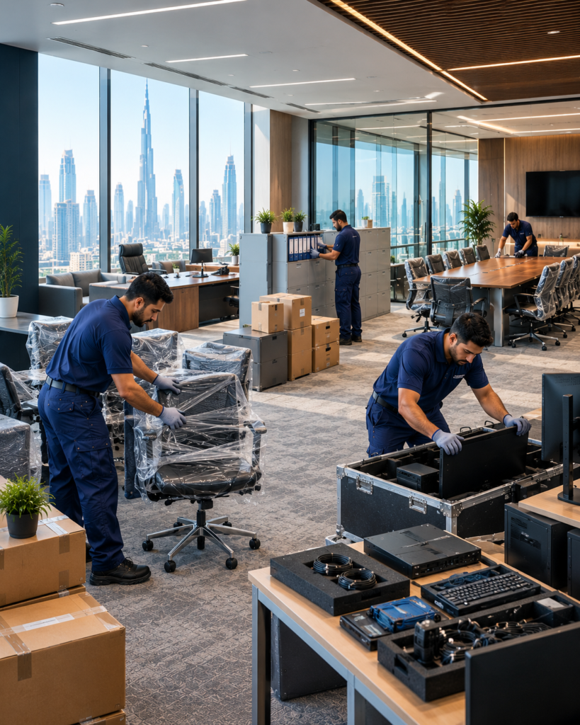 Office relocation team organising workplace furniture and business equipment in Dubai