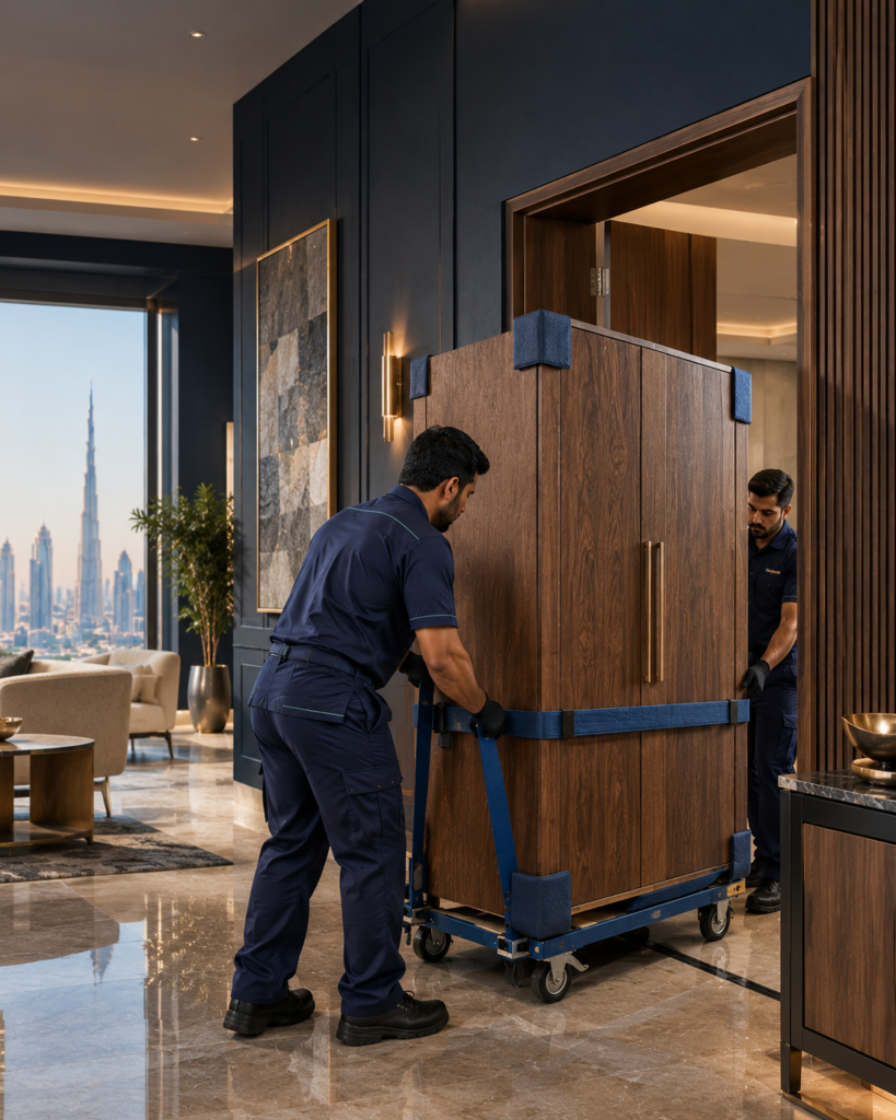 Furniture movers preparing and protecting furniture for relocation in Dubai