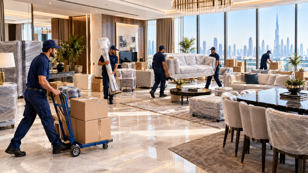 Household furniture, moving cartons and personal belongings organised for a villa relocation