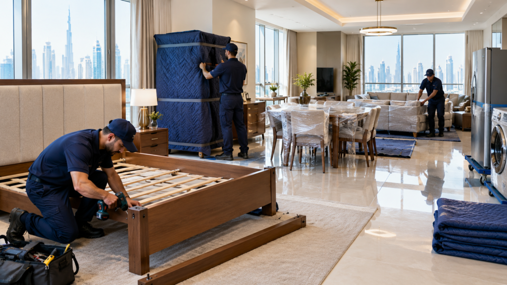 Furniture, household appliances and packed belongings prepared for apartment relocation