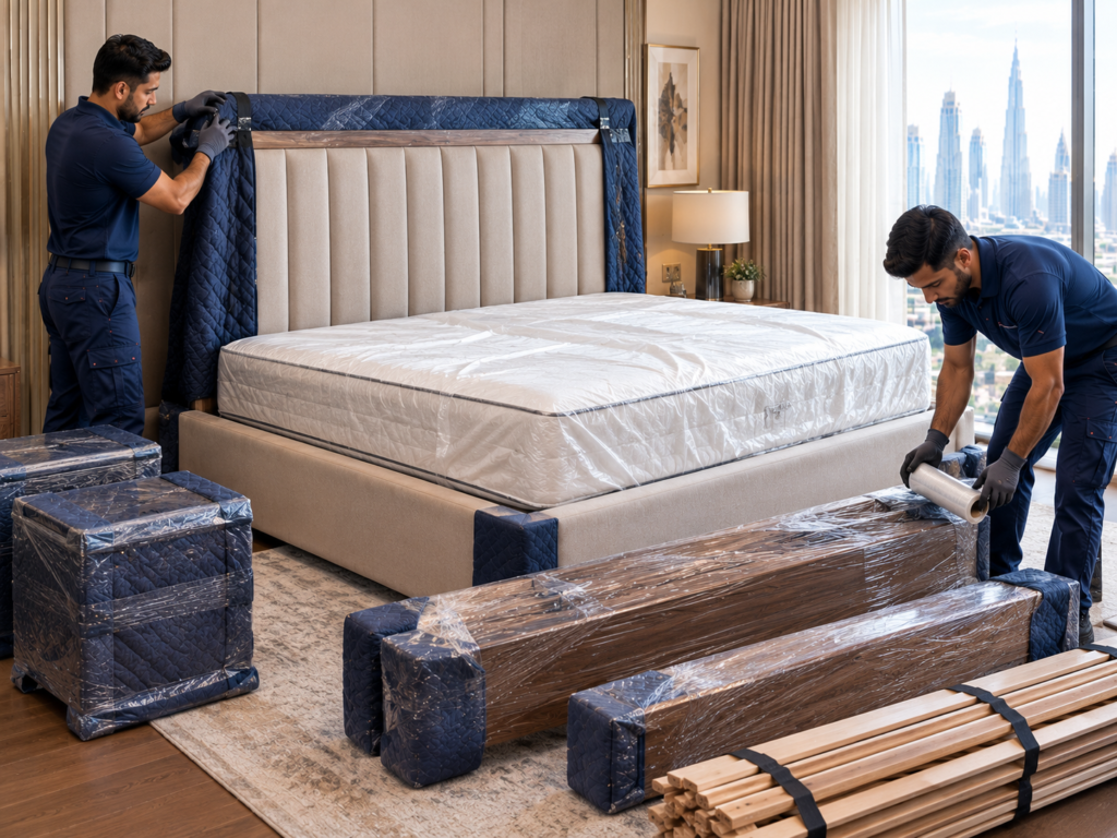 Household furniture prepared for moving with protective packing materials