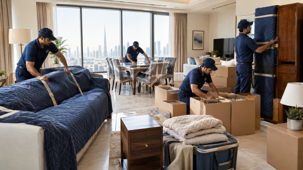 Professional residential moving team handling household belongings