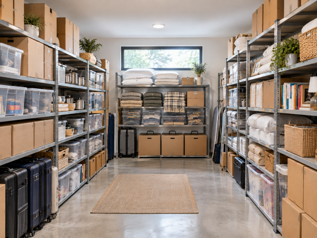 Packed household belongings organised for storage