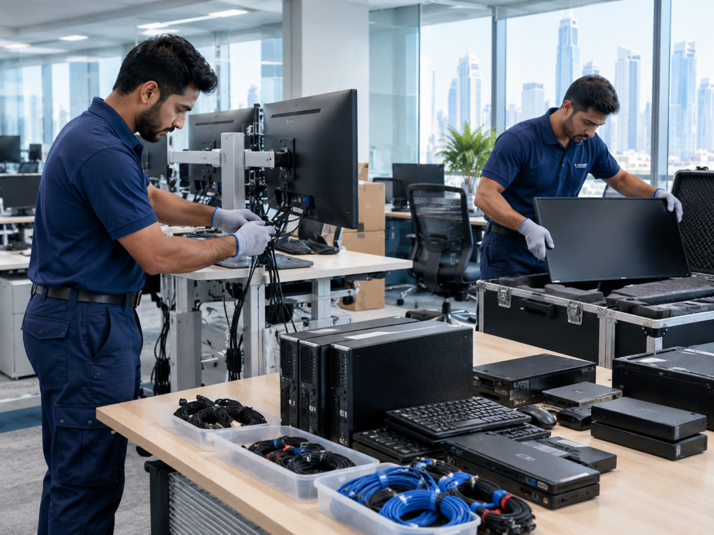 Office workstation and equipment prepared for relocation