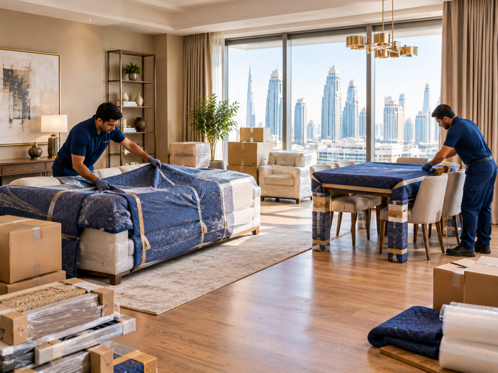 Household furniture and personal belongings prepared for international relocation