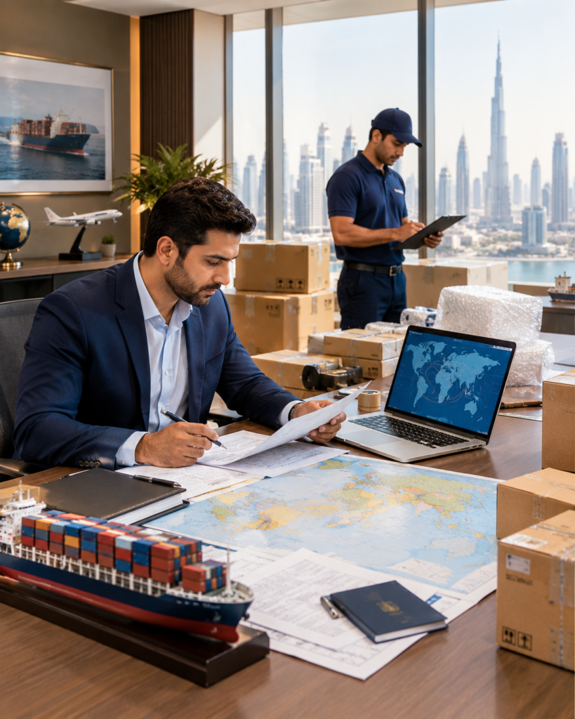 International movers preparing household goods for overseas shipment from Dubai