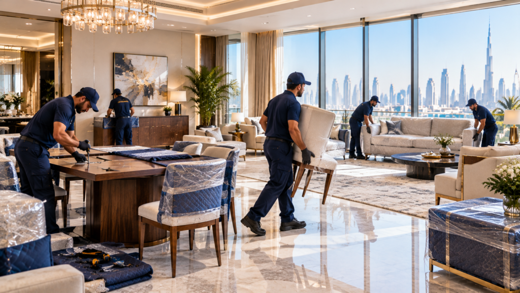 Living and dining furniture including tables and chairs being prepared for a villa move