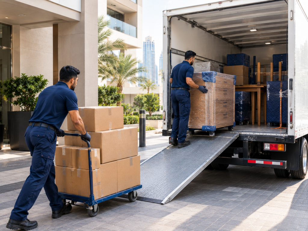 Moving team organising household furniture and cartons for transportation