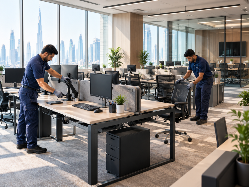 Workstations and office furniture being arranged in a workplace