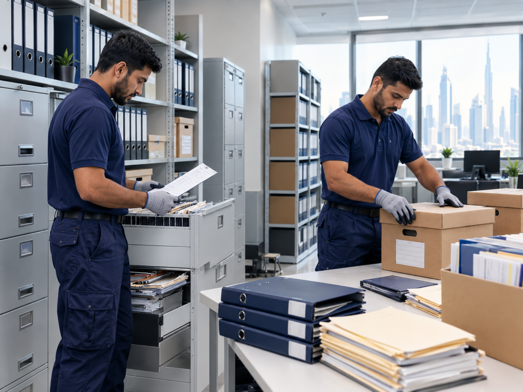 Organised office cartons and business files ready for relocation