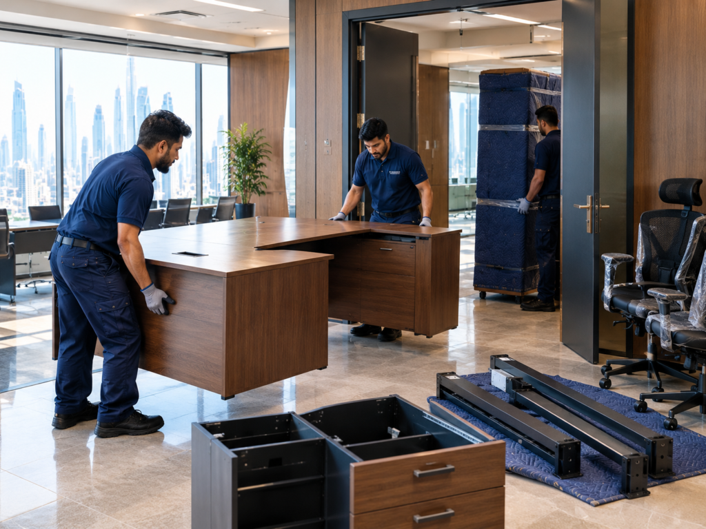 Office furniture and large workplace items prepared for moving