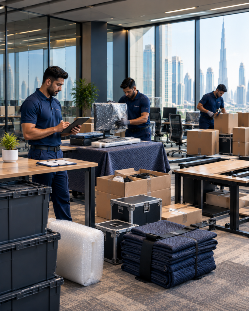Commercial movers handling office furniture, workstations and packed business equipment in Dubai