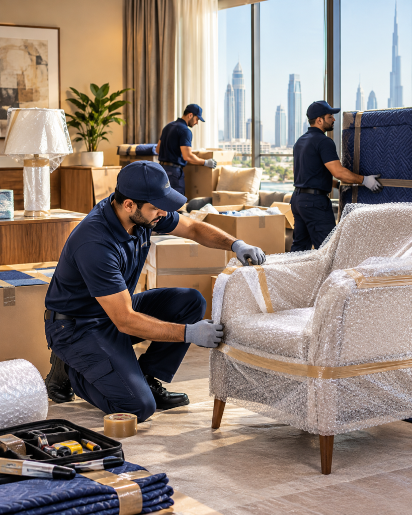Professional movers preparing furniture and packed cartons for relocation in Dubai