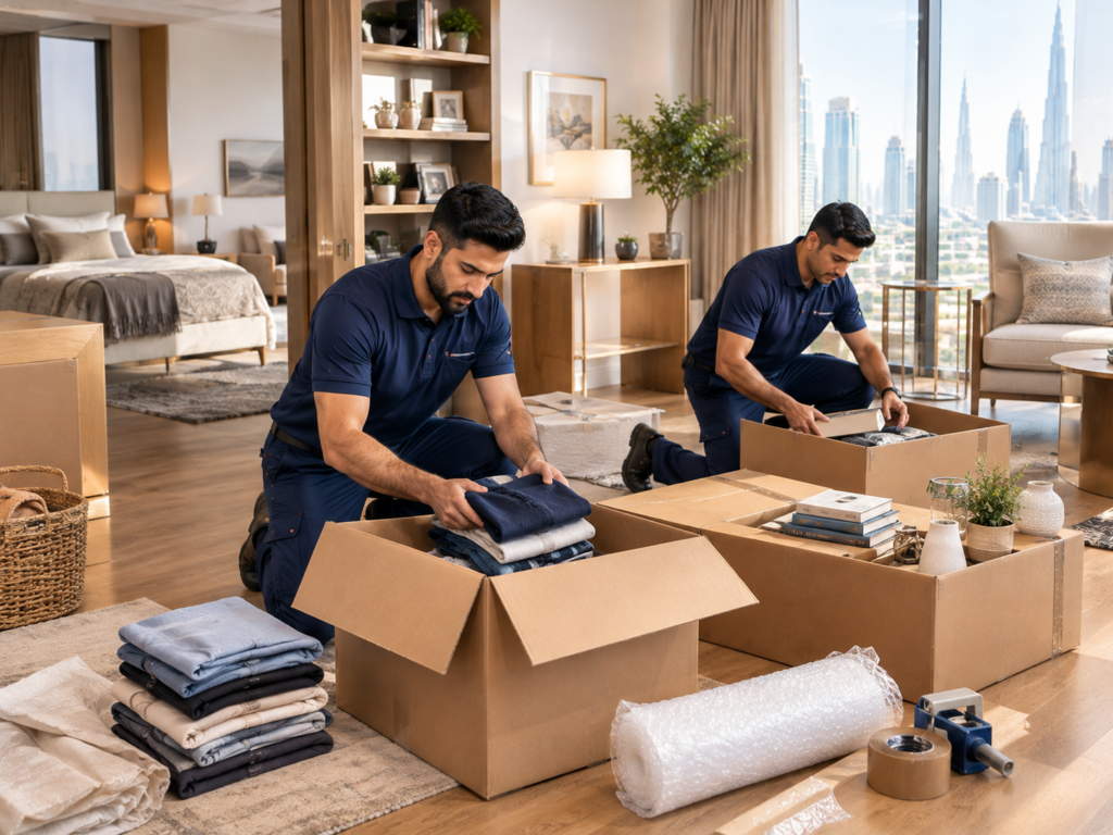 Packed moving cartons and organised belongings prepared for relocation in Dubai