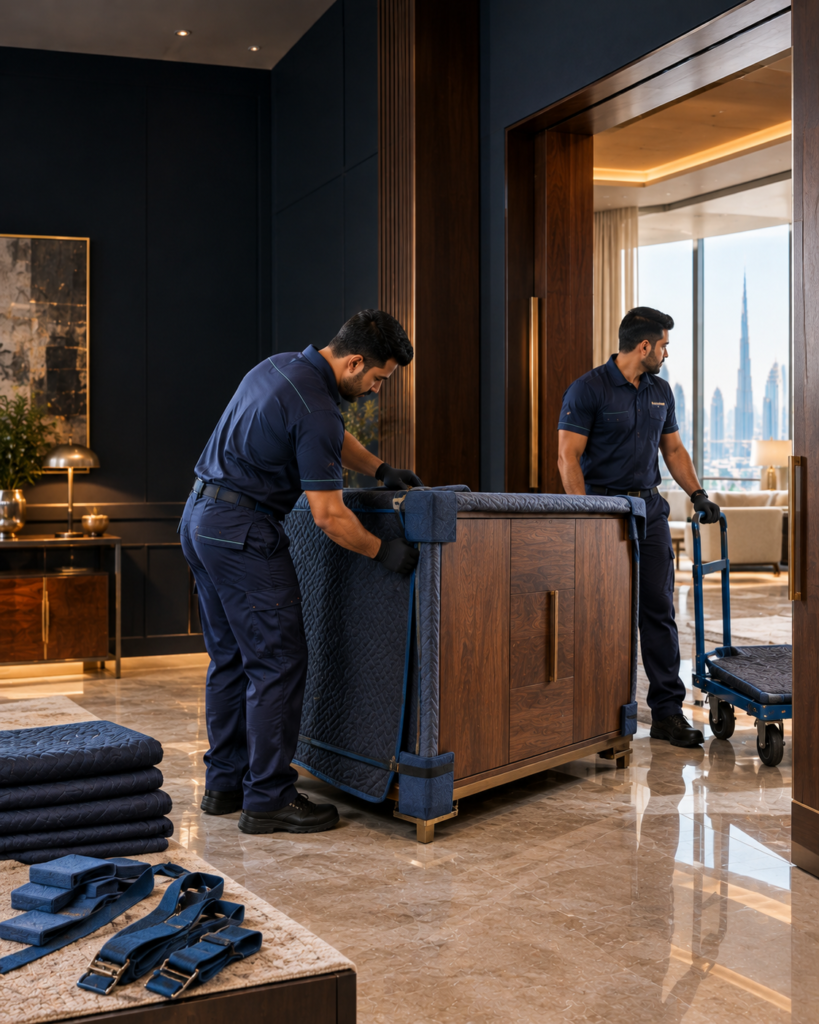 Professional furniture movers protecting and transporting furniture in Dubai