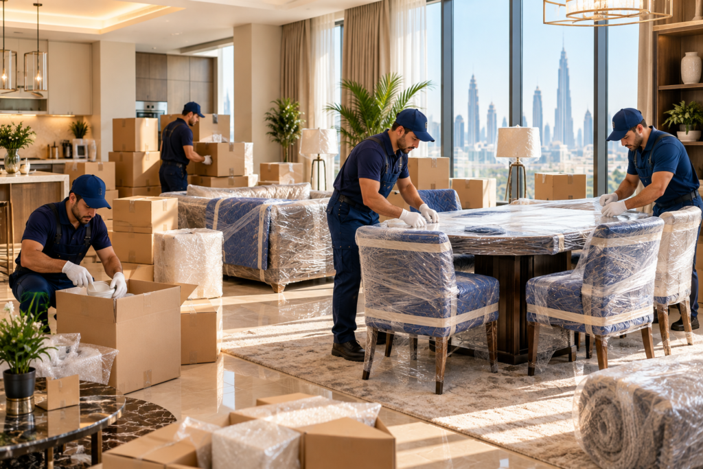 Commercial moving team transporting business belongings to a new workplace