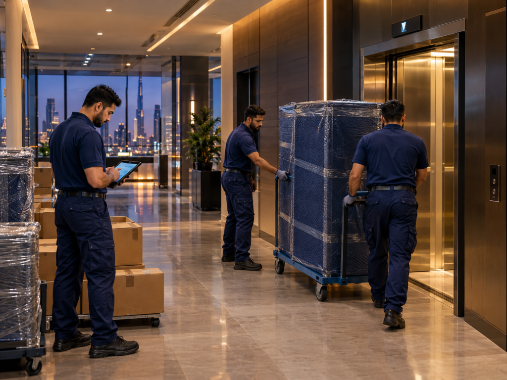 Moving team preparing office belongings for scheduled transportation