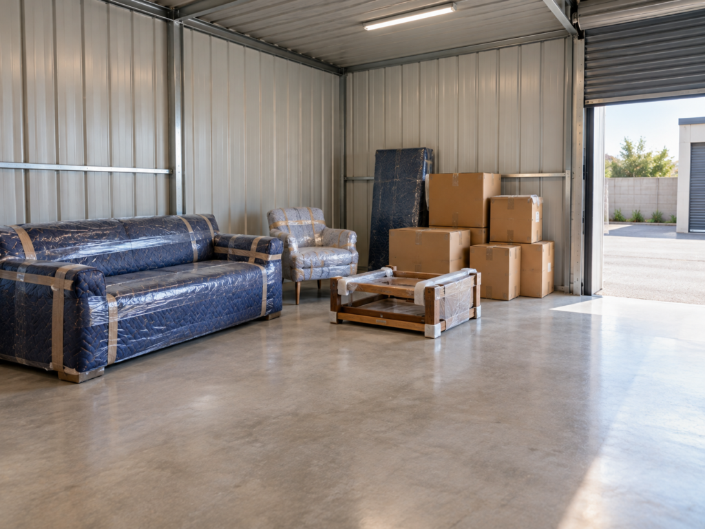 Moving boxes and furniture prepared for temporary storage