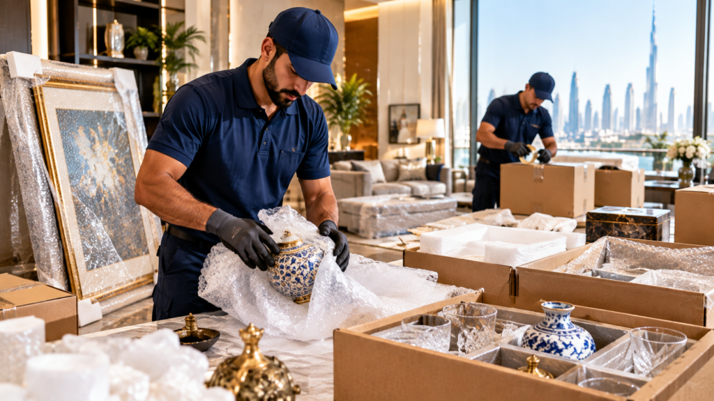 Fragile household décor, lamps, mirrors and packed belongings prepared for relocation