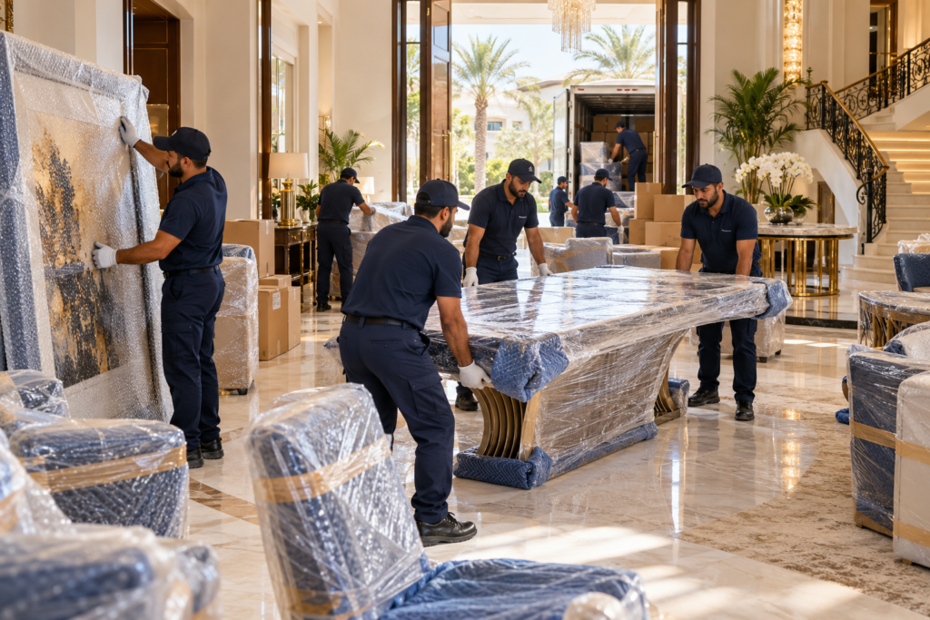 Bedroom furniture including beds, wardrobes and household belongings prepared for villa relocation