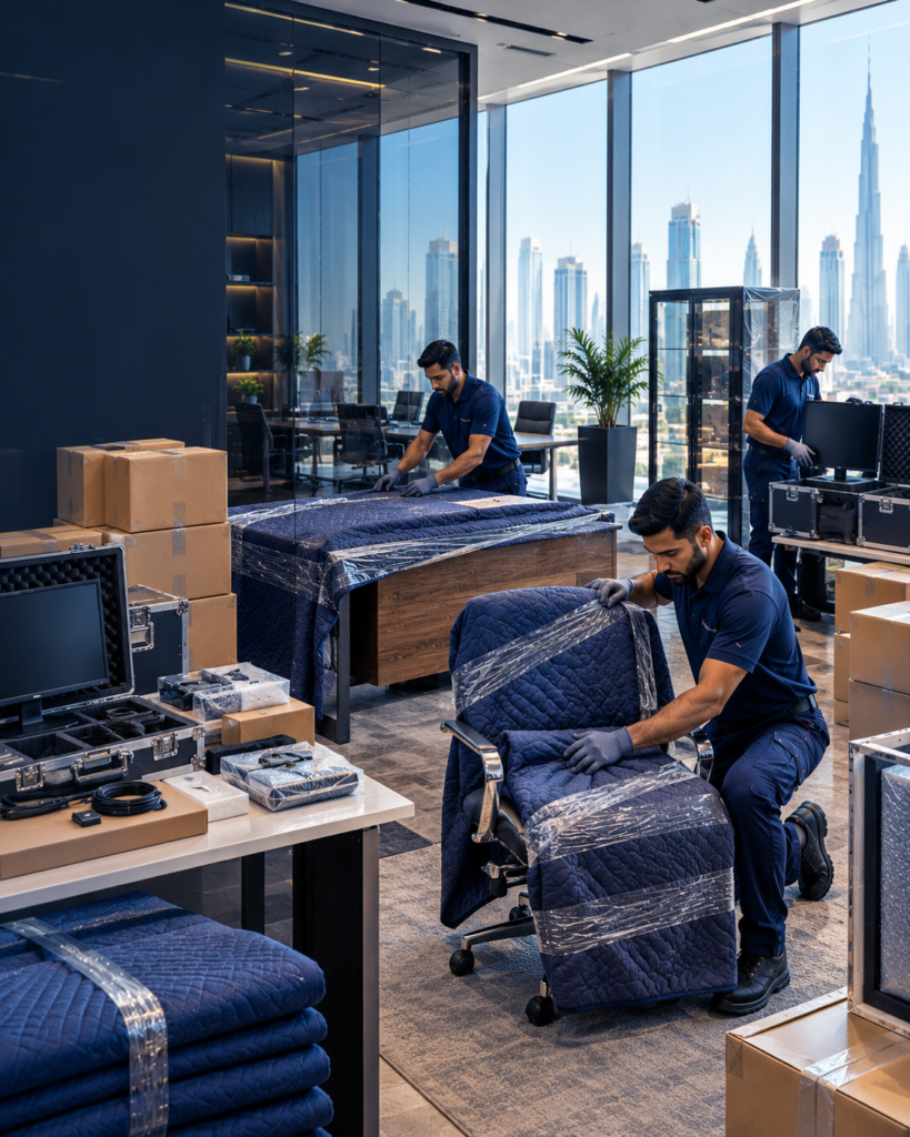 Professional commercial movers handling office furniture and business equipment in Dubai