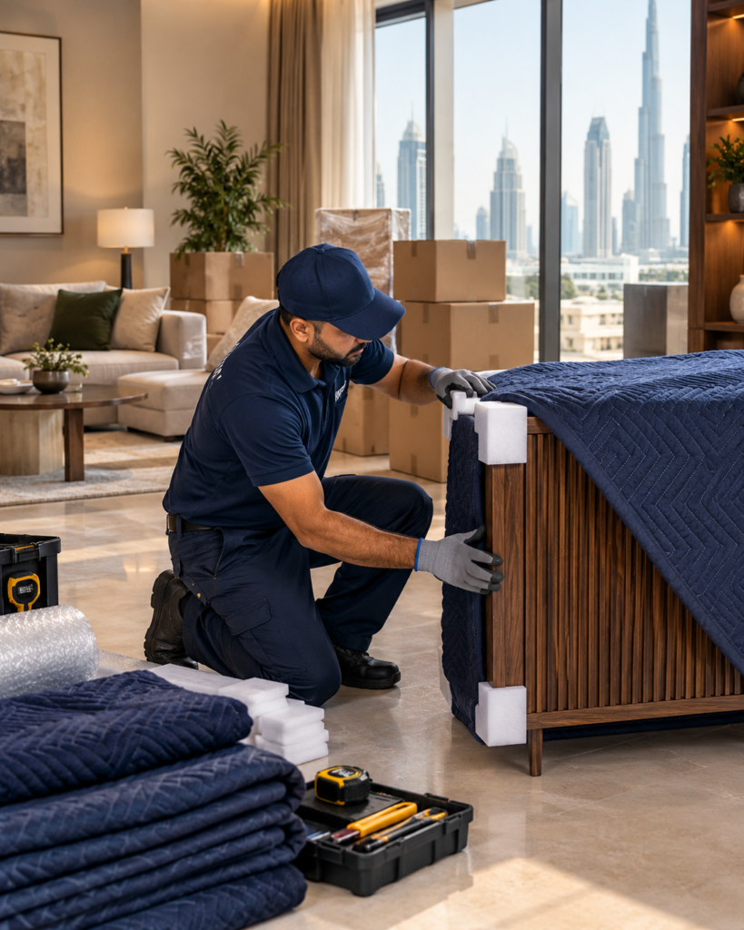 Professional movers packing household belongings, wrapping furniture and preparing cartons for a move in Dubai